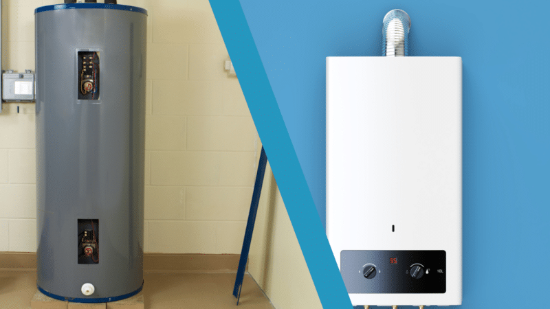 A split screen of a traditional tank water heater and a tankless water heater separated by a slanted blue line.